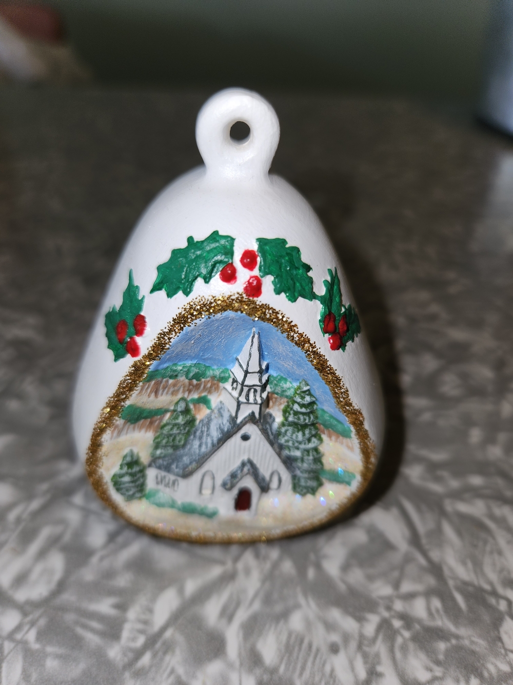 White Bell Ornament with Holly and Winter Chapel Scene